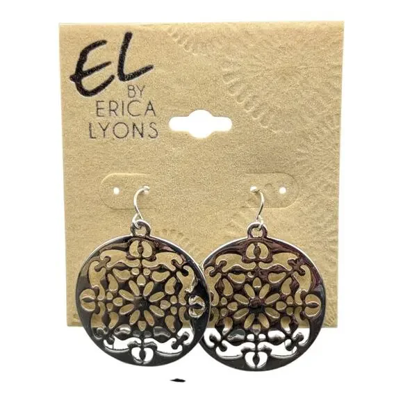 EL by Erica Lyons Silver Tone Filigree Drop Earrings Round Boho Dangle NWT - Picture 2 of 11